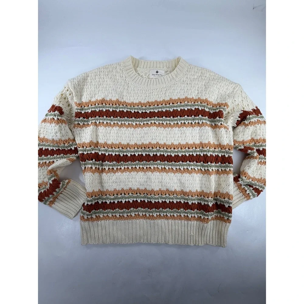 Betsey's Boutique Shop Striped Open Knit Crewneck Sweater Cream XL 54681